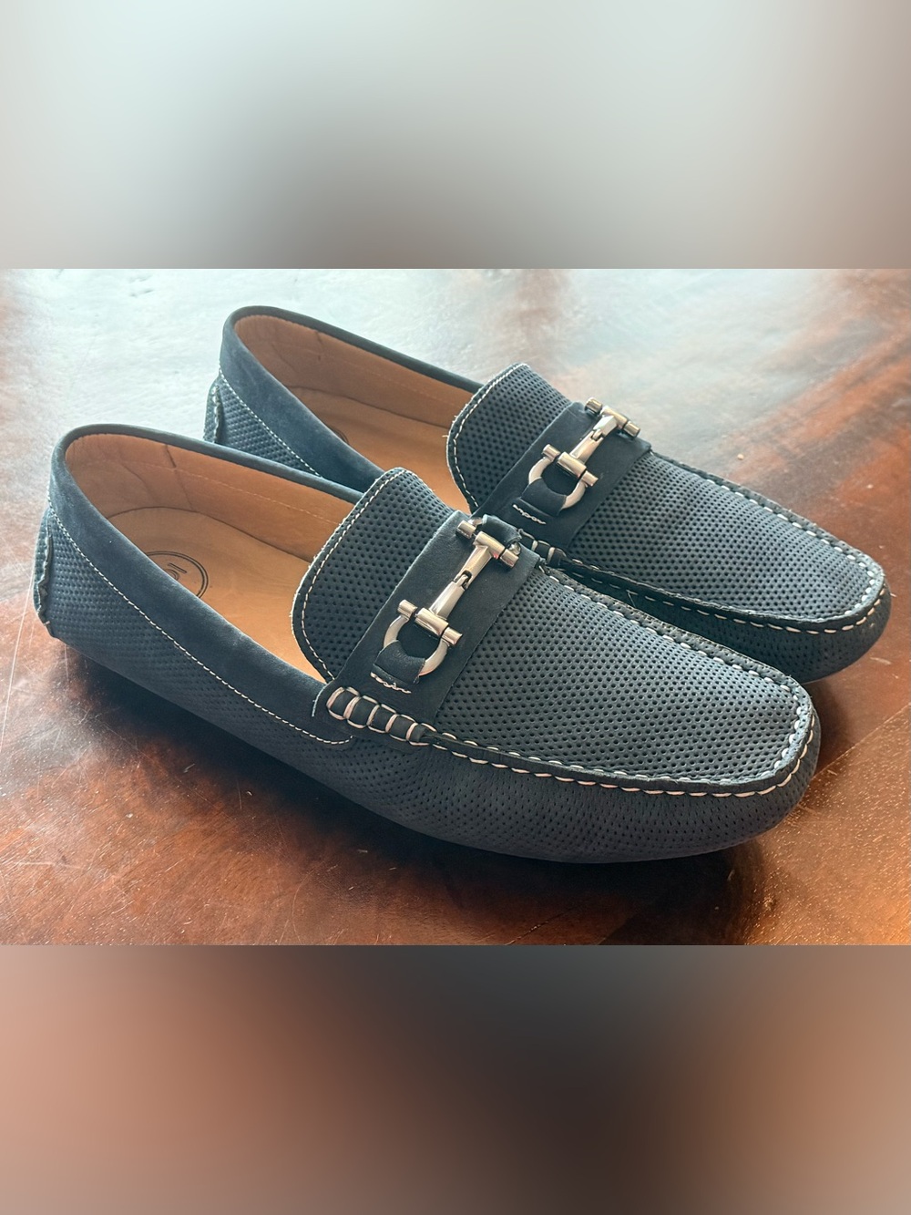 1901 Men's Navy Perforated Slip-On Loafers with Silver Hardware